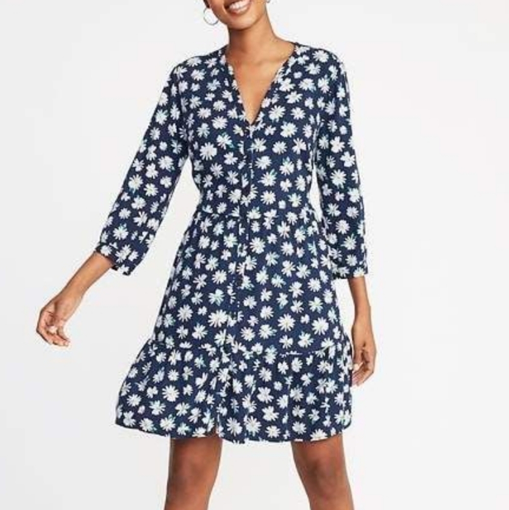 XXL Daisy Dress Navy Blue White Flowers Button Front Cotton Blend Sundress